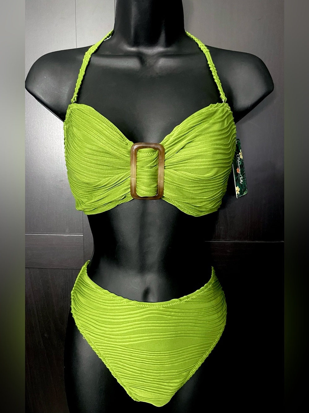 Blooming Jelly ~ Textured Lime Green Bikini Set with Center Buckle Detail. NWT L